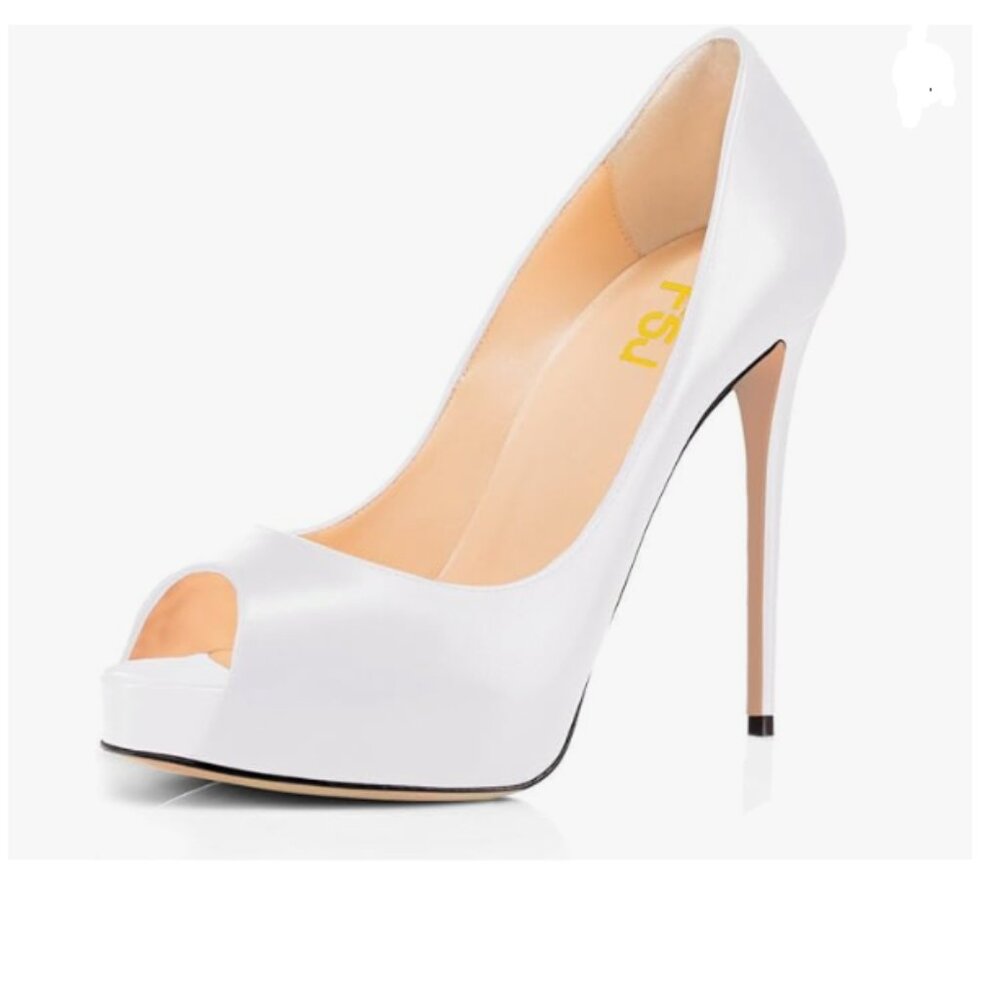 FSJ Women White Peep toe Pumps High Heels with Platform Slip On Party Prom Shoes